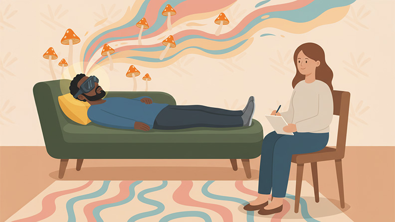 Illustration von einem Mann auf einem Sofa liegend, aus seinem Kopf strömen bunte Wellen mit Pilzen. Daneben sitzt eine Therapeutin und schreibt etwas auf.