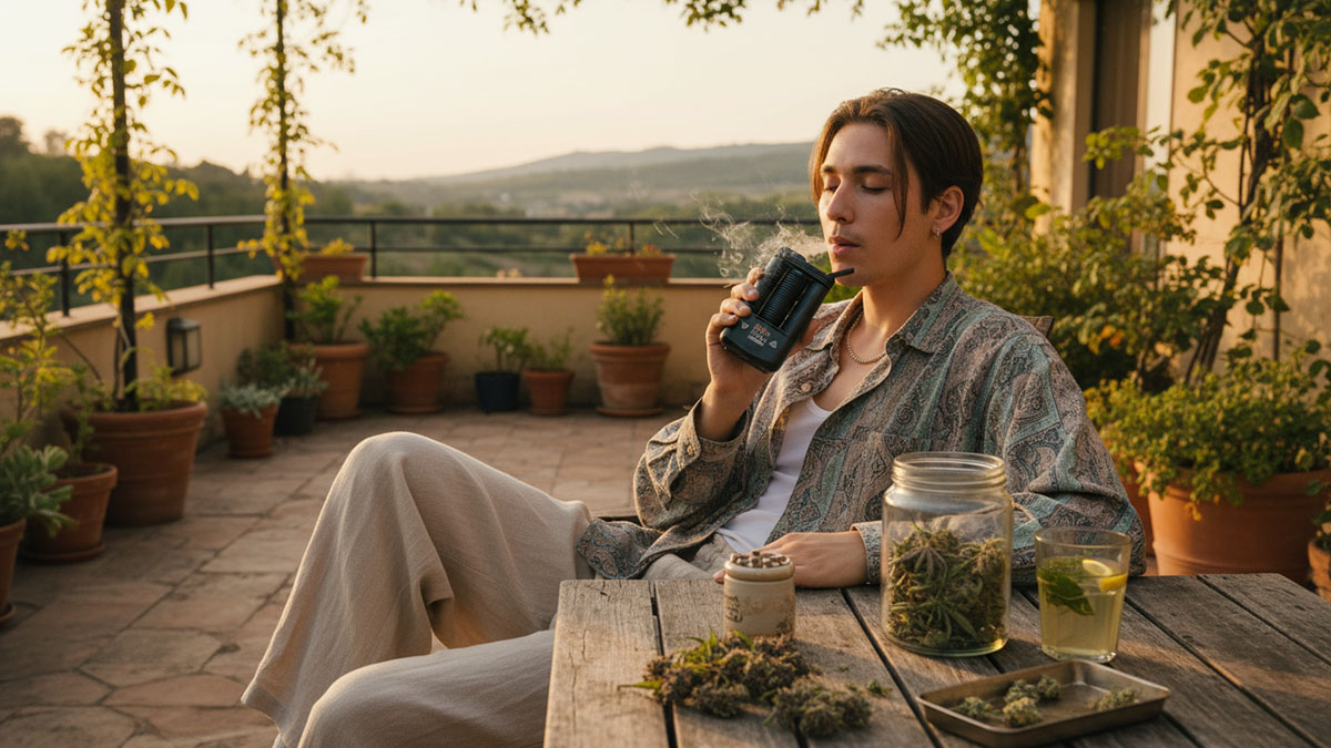 Chilliger typ verdampft ein paar Hanfkräuter auf seiner Terrasse.