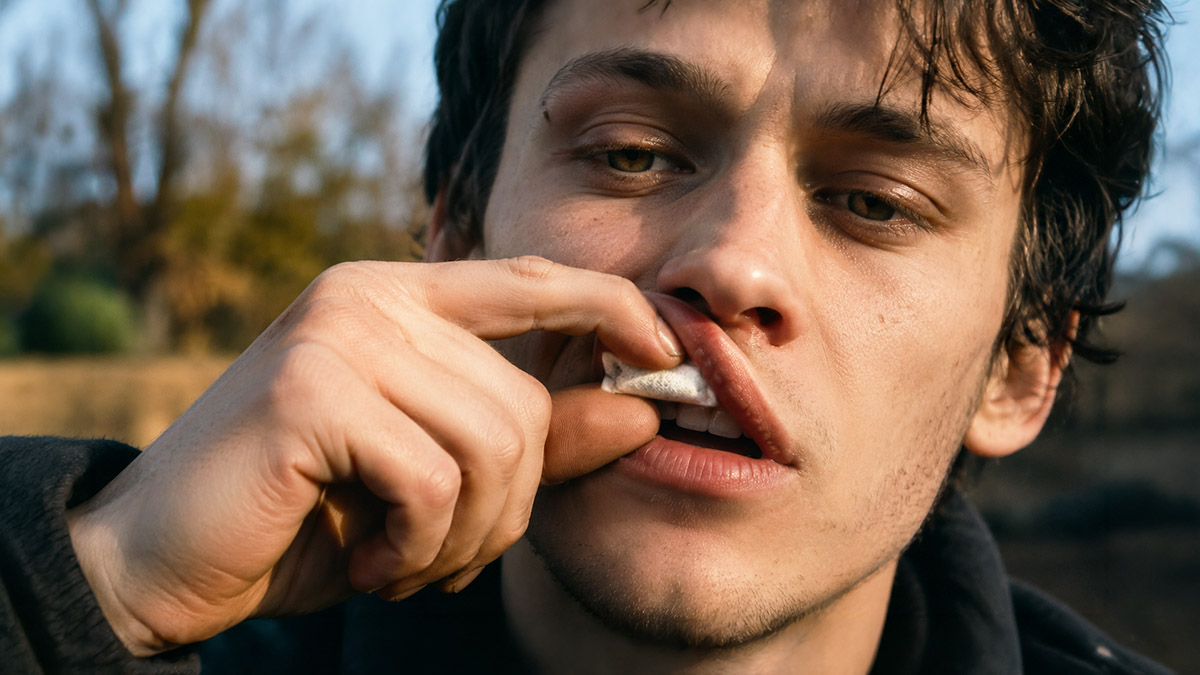Junger Mann klemmt sich ein Snus unter die Lippe